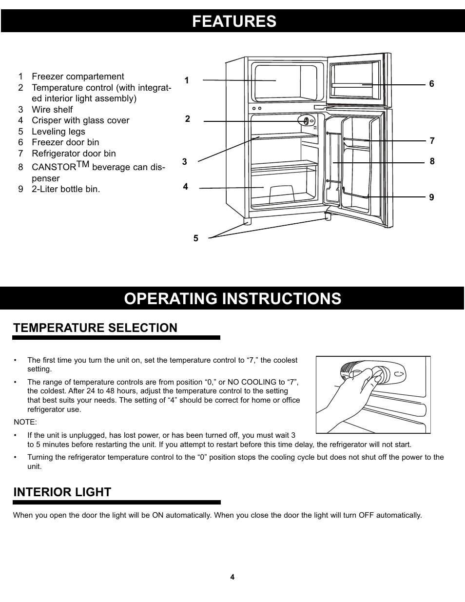 Features, Operating instructions, Temperature selection | Interior light | Danby DCR031B1WDD User Manual | Page 6 / 30