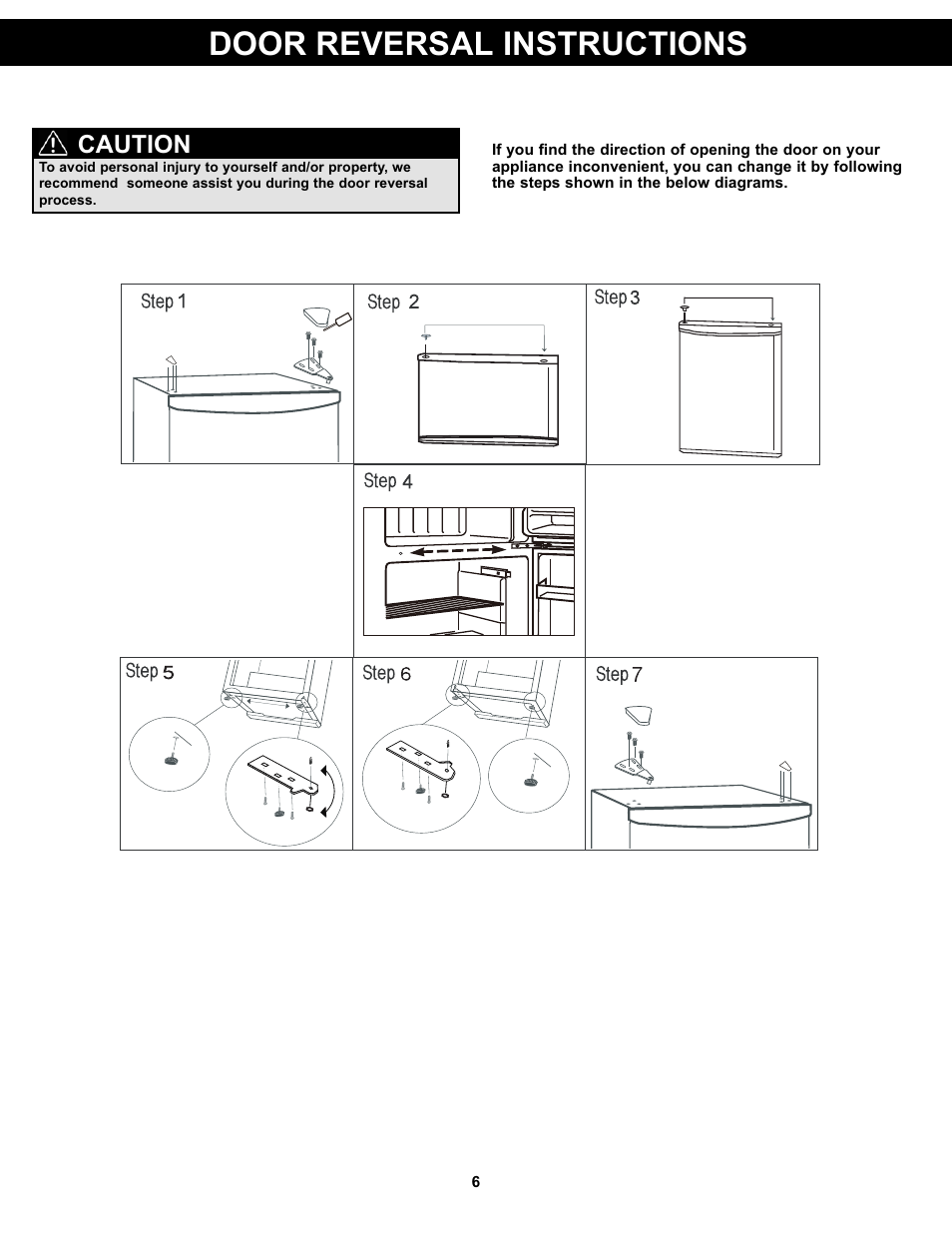 Door reversal instructions, Caution | Danby DCR031B1WDD User Manual | Page 8 / 30