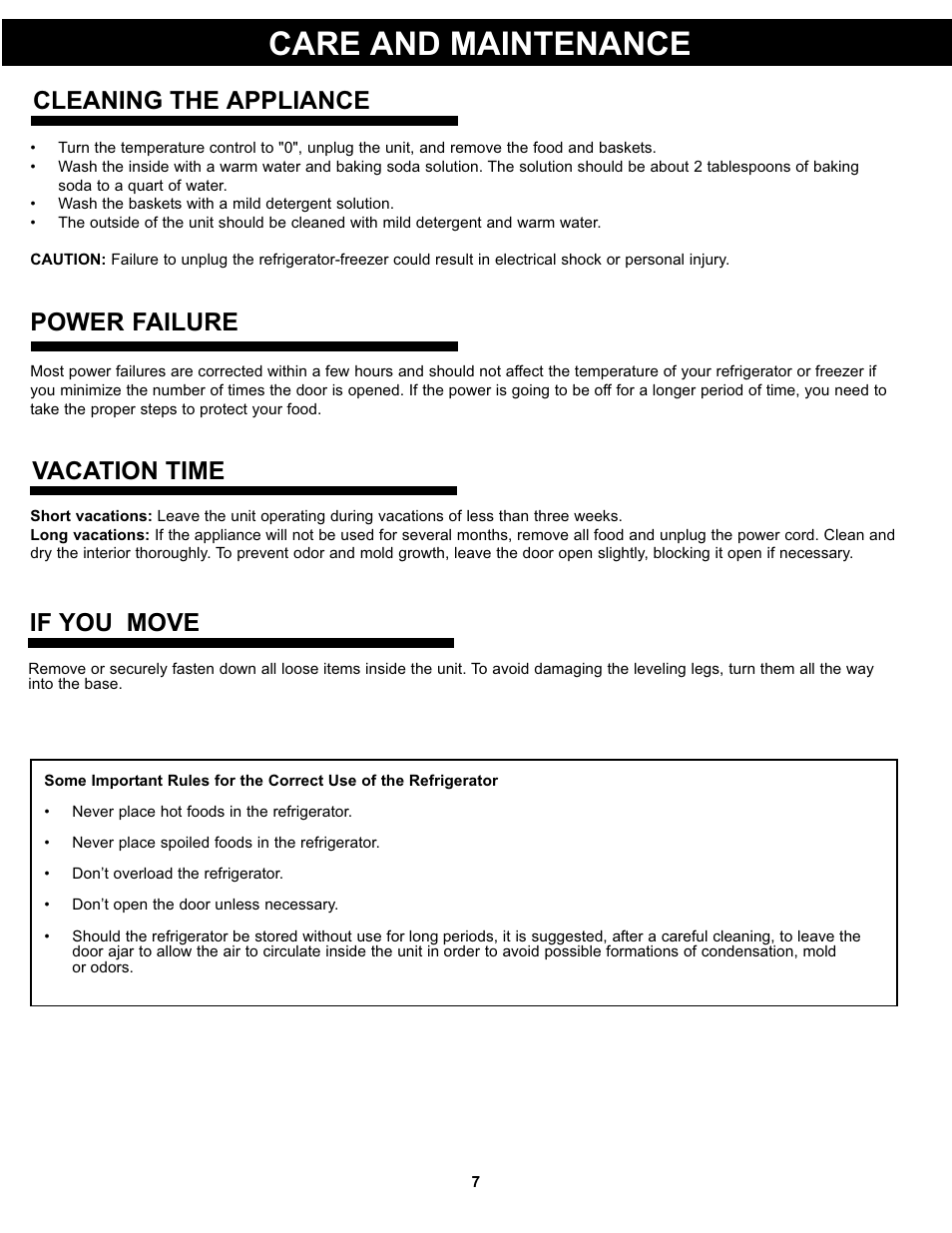 Care and maintenance, Cleaning the appliance, Power failure | Vacation time, If you move | Danby DCR031B1WDD User Manual | Page 9 / 30