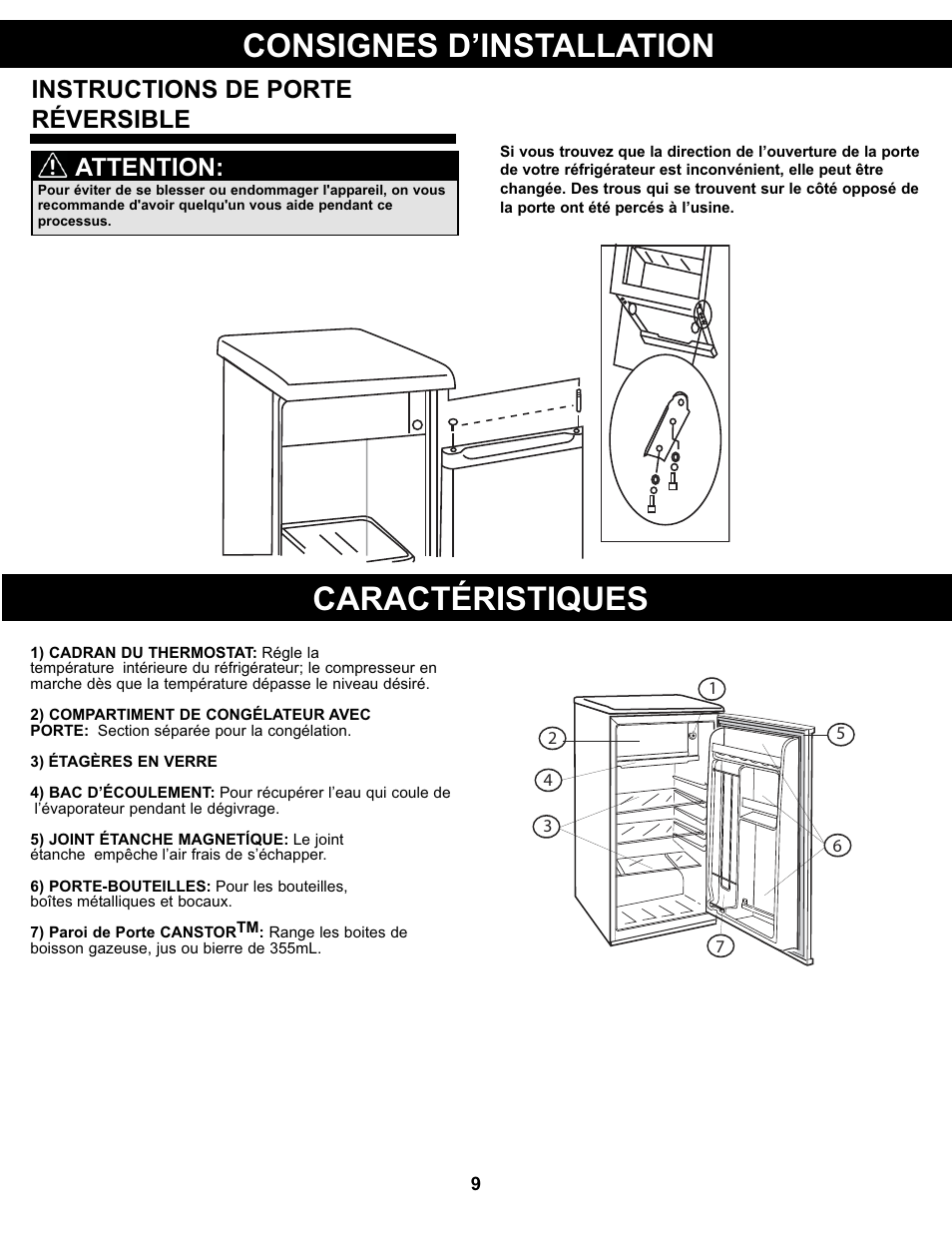 Consignes d’installation caractéristiques, Instructions de porte réversible, Attention | Danby DCR032A2WDB User Manual | Page 10 / 21