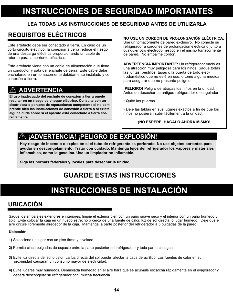 Instrucciones de seguridad importantes, Instrucciones de instalación, Guarde estas instrucciones | Requisitos eléctricos, Ubicación, Advertencia, Advertencia! ¡peligro de explosión | Danby DCR032A2WDB User Manual | Page 15 / 21