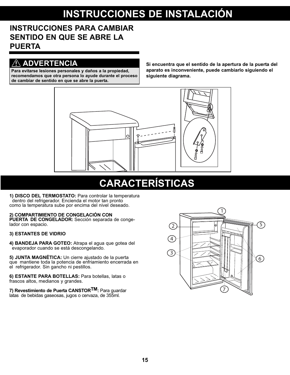 Instrucciones de instalación características, Advertencia | Danby DCR032A2WDB User Manual | Page 16 / 21