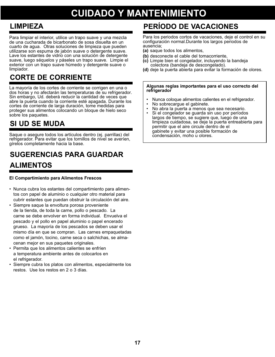 Cuidado y mantenimiento, Limpieza, Corte de corriente | Si ud se muda, Período de vacaciones, Sugerencias para guardar alimentos | Danby DCR032A2WDB User Manual | Page 18 / 21