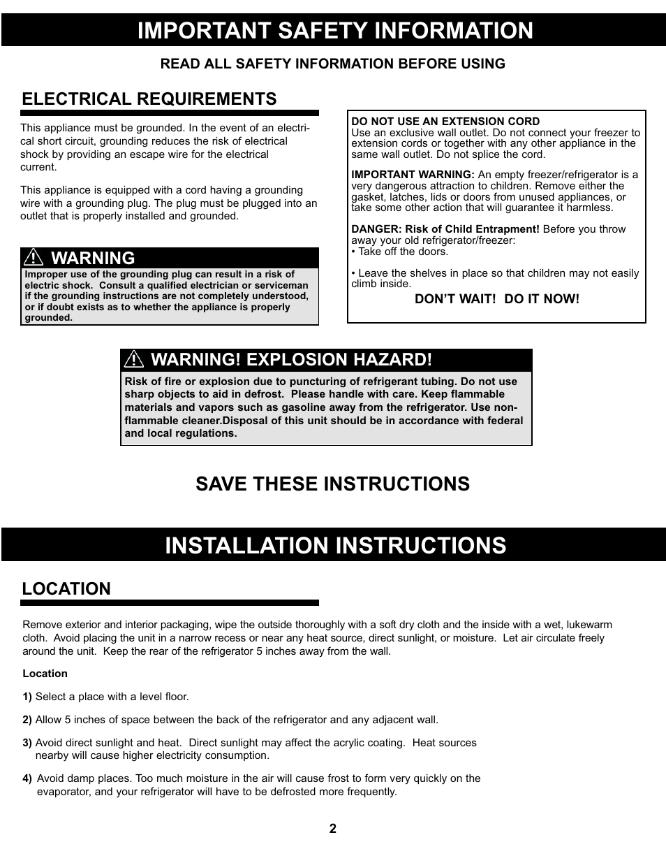 Important safety information, Installation instructions, Save these instructions | Electrical requirements, Location, Warning, Warning! explosion hazard | Danby DCR032A2WDB User Manual | Page 3 / 21
