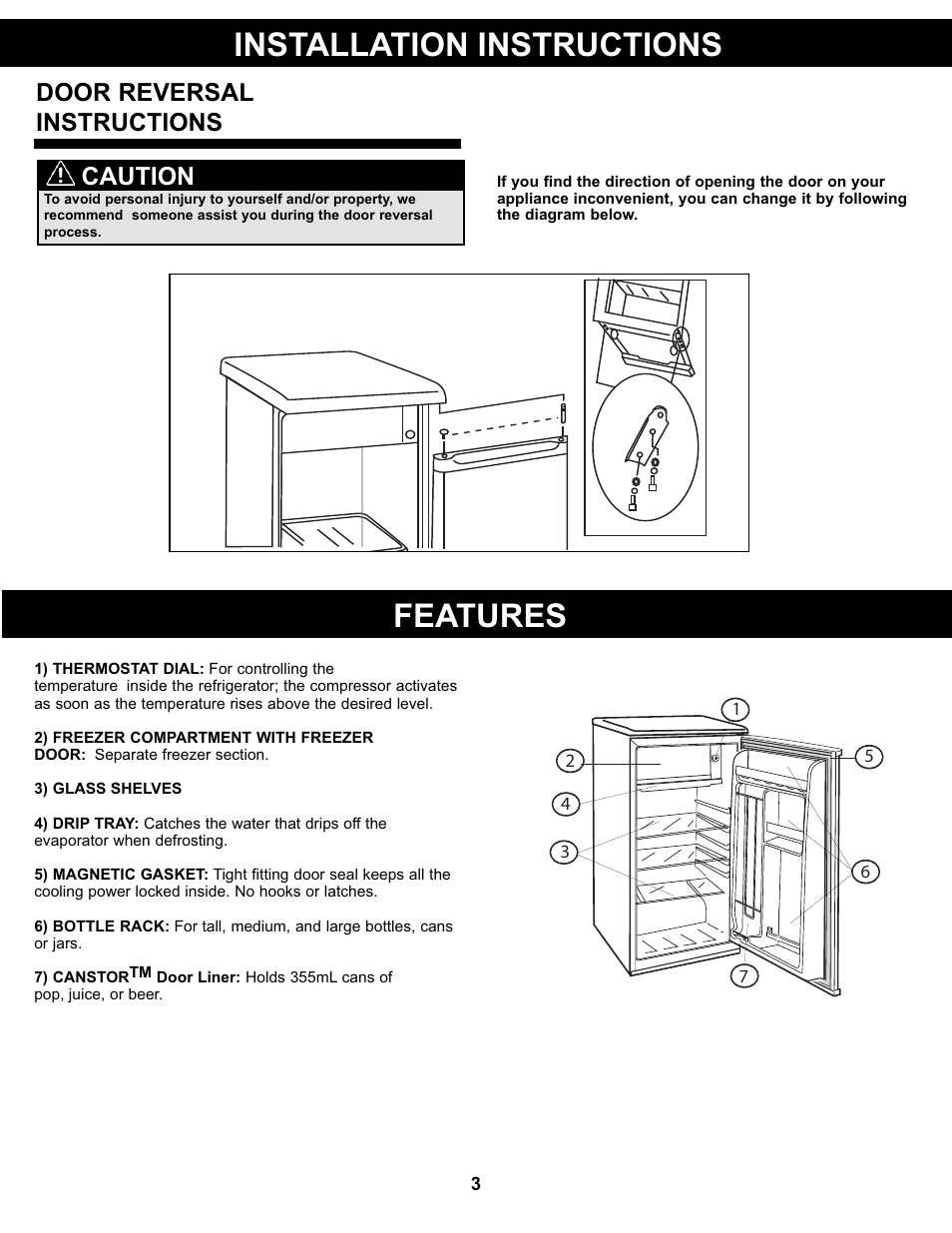 Installation instructions features, Door reversal instructions, Caution | Danby DCR032A2WDB User Manual | Page 4 / 21