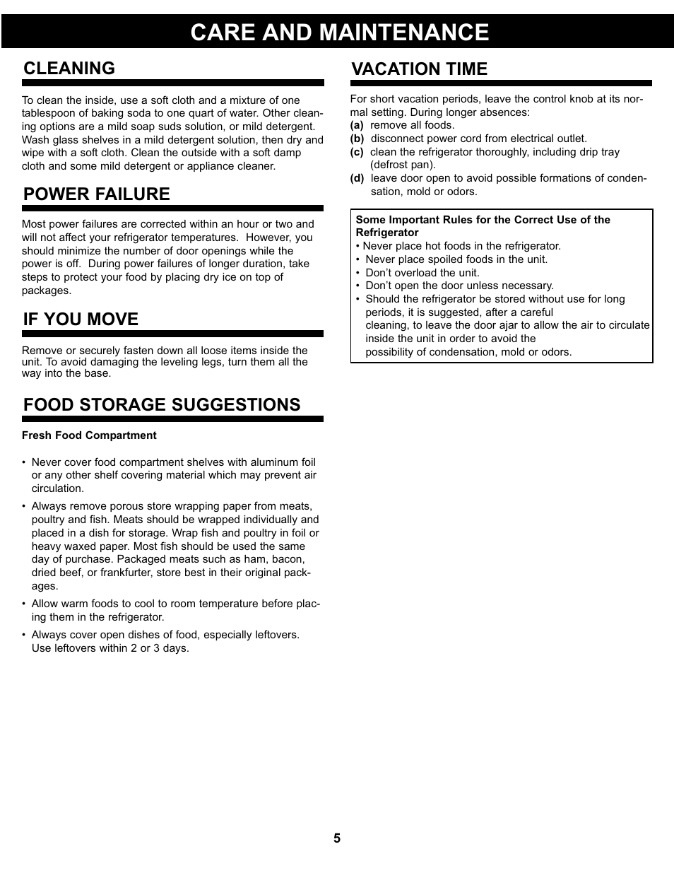 Care and maintenance, Cleaning, Power failure | If you move, Vacation time, Food storage suggestions | Danby DCR032A2WDB User Manual | Page 6 / 21