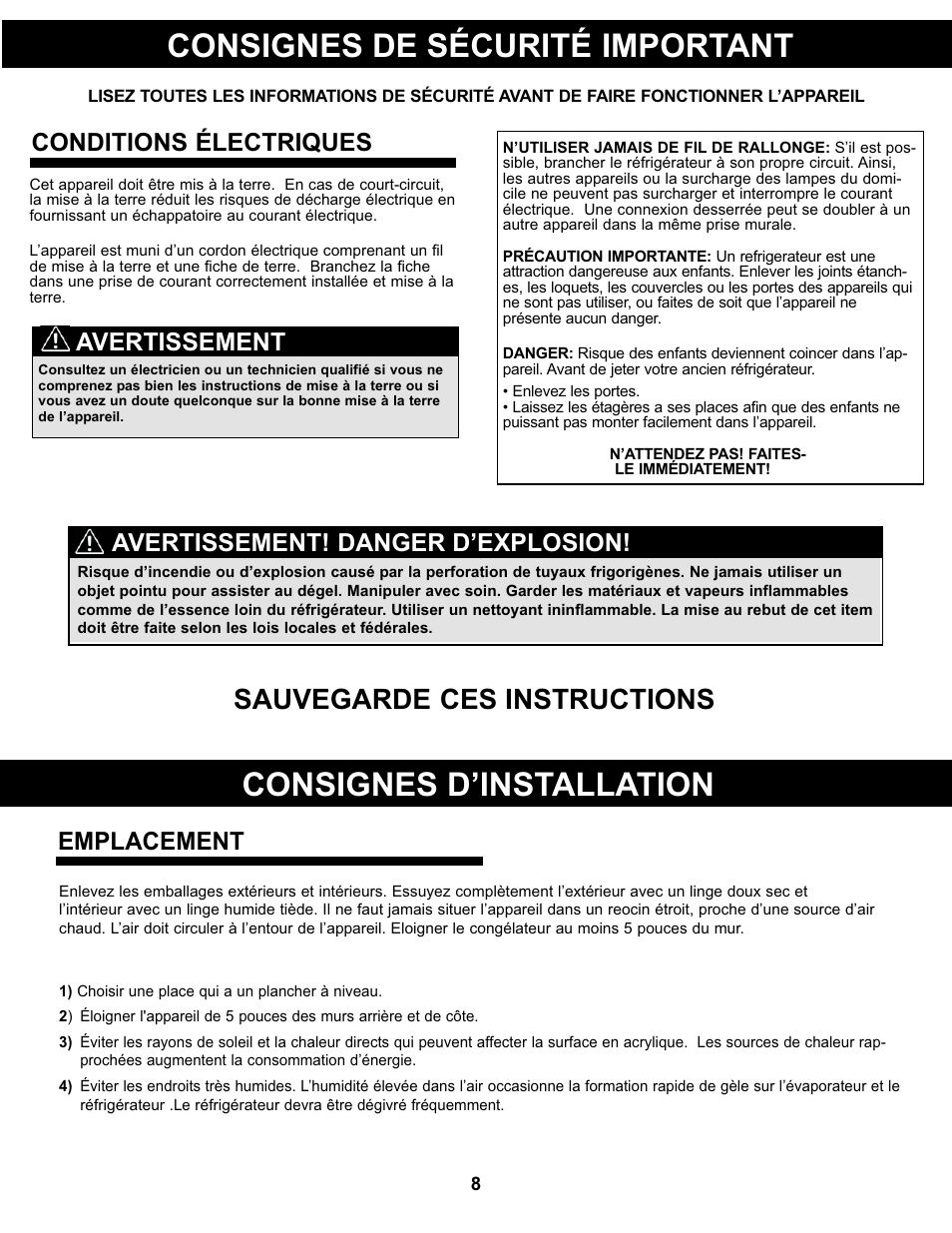 Consignes de sécurité important, Consignes d’installation, Sauvegarde ces instructions | Conditions électriques, Emplacement, Avertissement, Avertissement! danger d’explosion | Danby DCR032A2WDB User Manual | Page 9 / 21