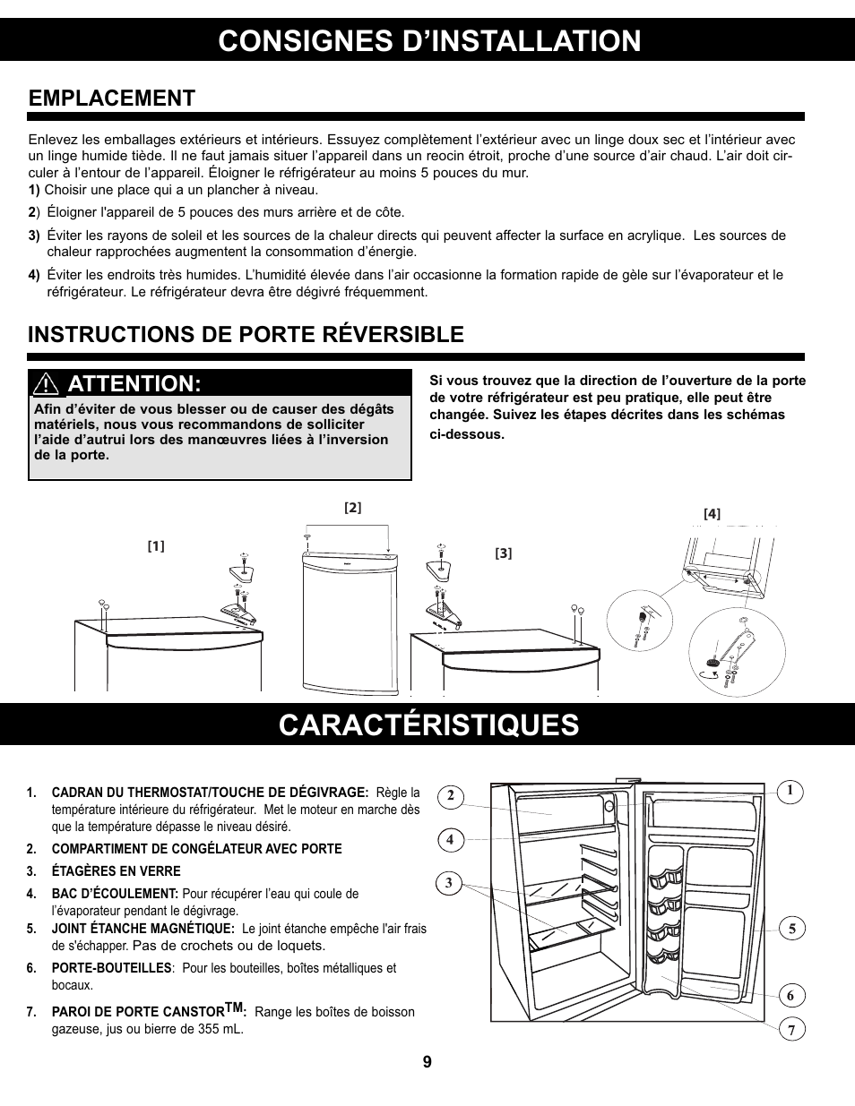 Consignes d’installation caractéristiques, Instructions de porte réversible, Attention | Emplacement | Danby DCR032A2WDD User Manual | Page 10 / 21