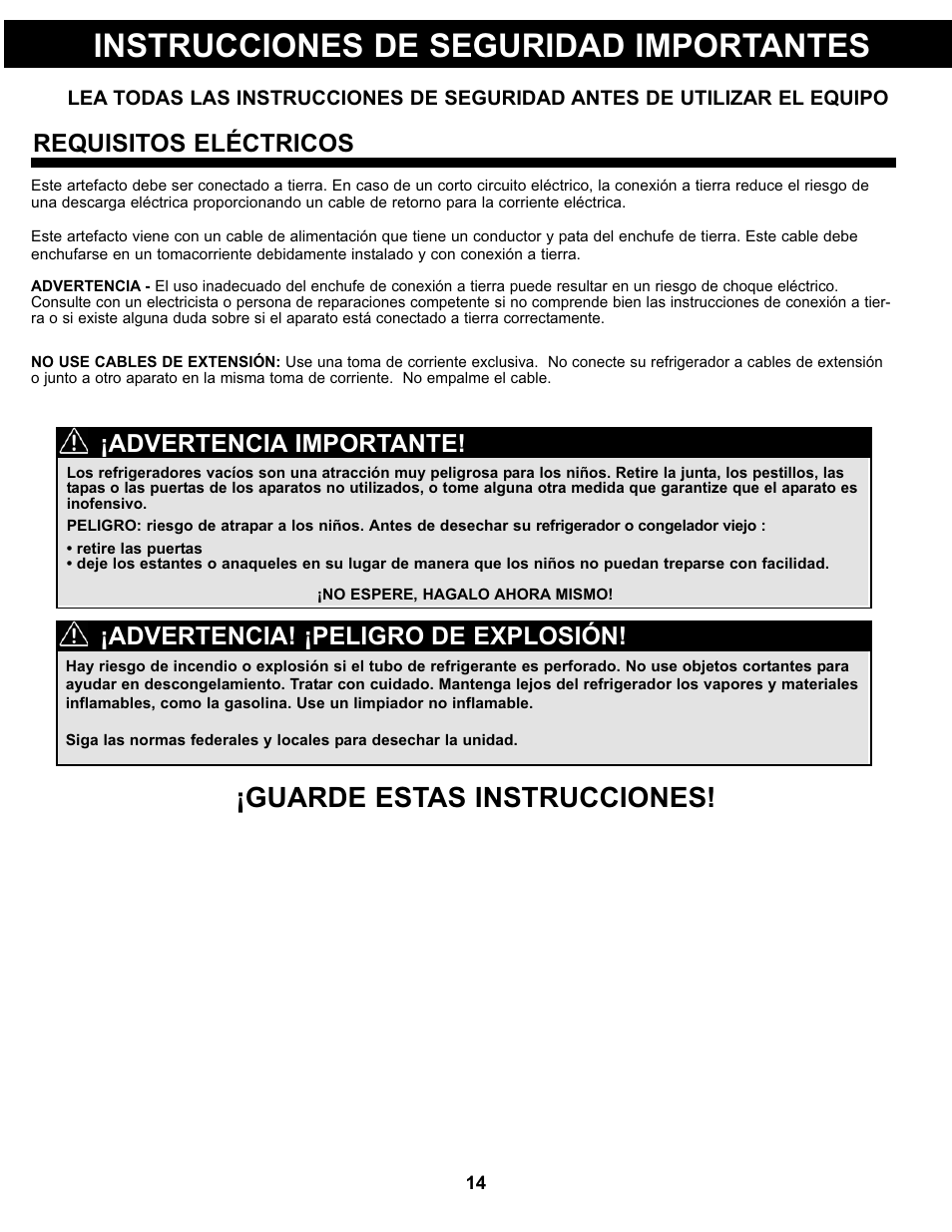 Instrucciones de seguridad importantes, Guarde estas instrucciones, Requisitos eléctricos | Advertencia! ¡peligro de explosión, Advertencia importante | Danby DCR032A2WDD User Manual | Page 15 / 21