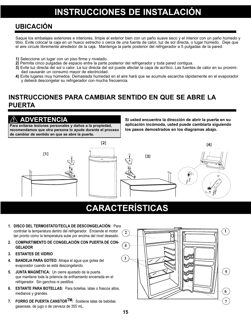 Instrucciones de instalación características, Advertencia, Ubicación | Danby DCR032A2WDD User Manual | Page 16 / 21