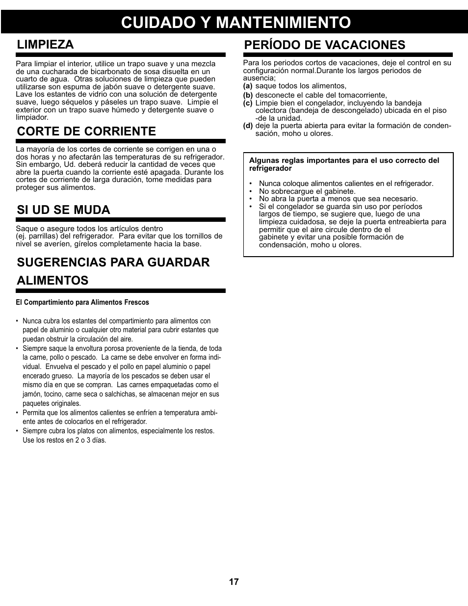 Cuidado y mantenimiento, Limpieza, Corte de corriente | Si ud se muda, Período de vacaciones, Sugerencias para guardar alimentos | Danby DCR032A2WDD User Manual | Page 18 / 21