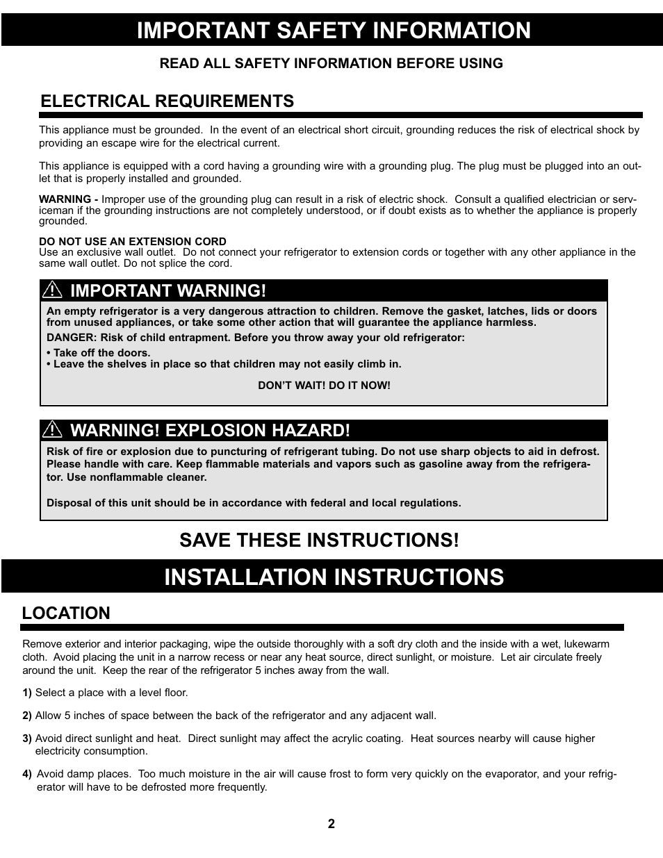 Save these instructions, Location, Electrical requirements | Warning! explosion hazard, Important warning | Danby DCR032A2WDD User Manual | Page 3 / 21