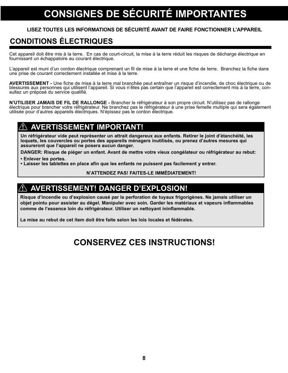 Consignes de sécurité importantes, Conservez ces instructions, Conditions électriques | Avertissement! danger d’explosion, Avertissement important | Danby DCR032A2WDD User Manual | Page 9 / 21