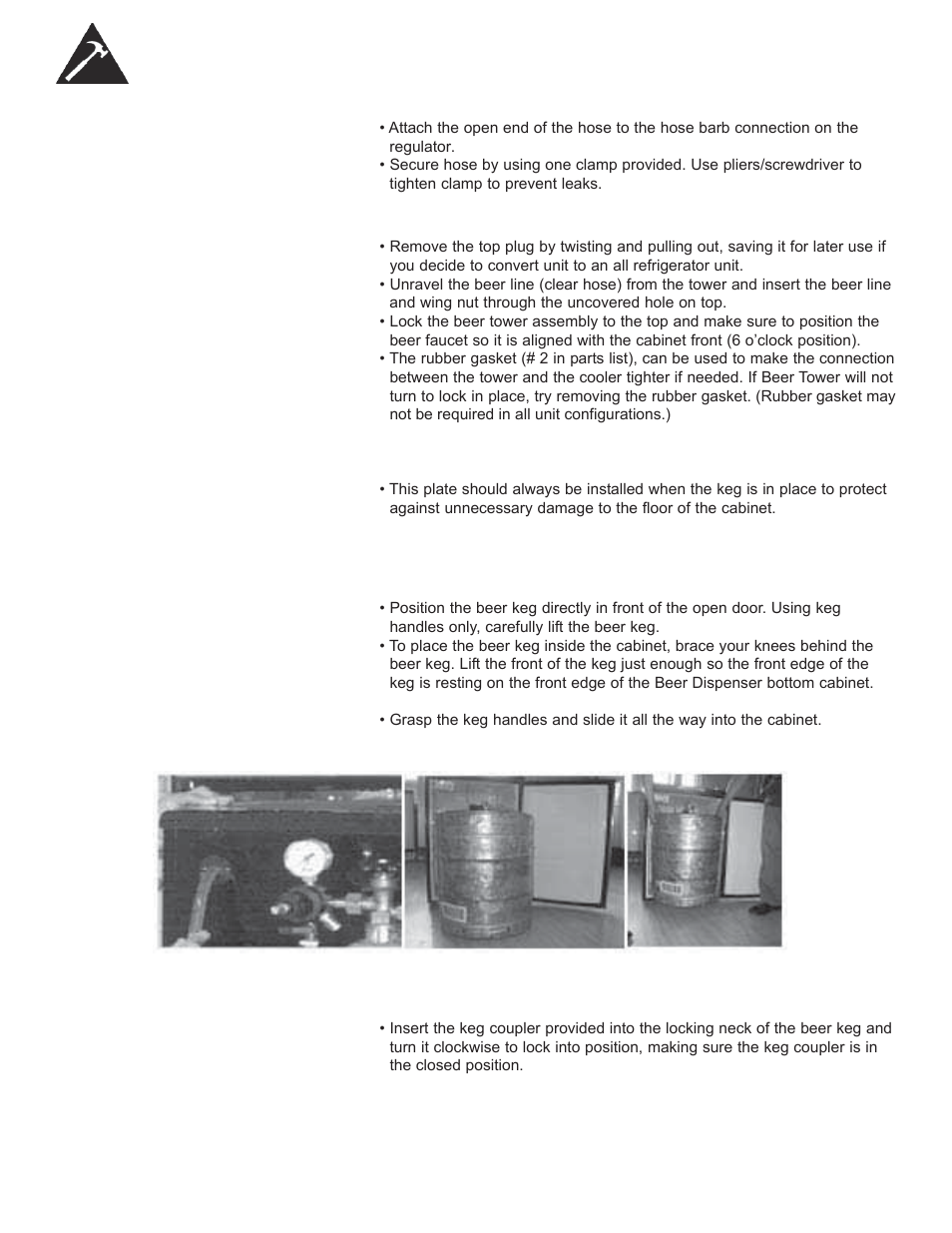 Beer keg installation instructions, Installation of co2 air line hose to regulator, Installation of the beer tower | Installation of protective metal plate, Installation of the beer keg, Installation of the keg coupler | Danby DCR033B1BDB User Manual | Page 11 / 46