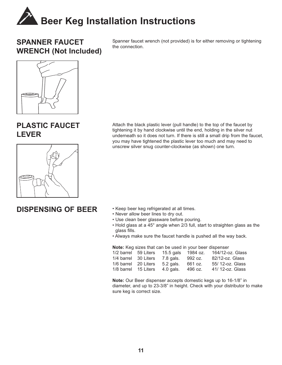 Beer keg installation instructions, Spanner faucet wrench (not included), Plastic faucet lever | Dispensing of beer | Danby DCR033B1BDB User Manual | Page 13 / 46