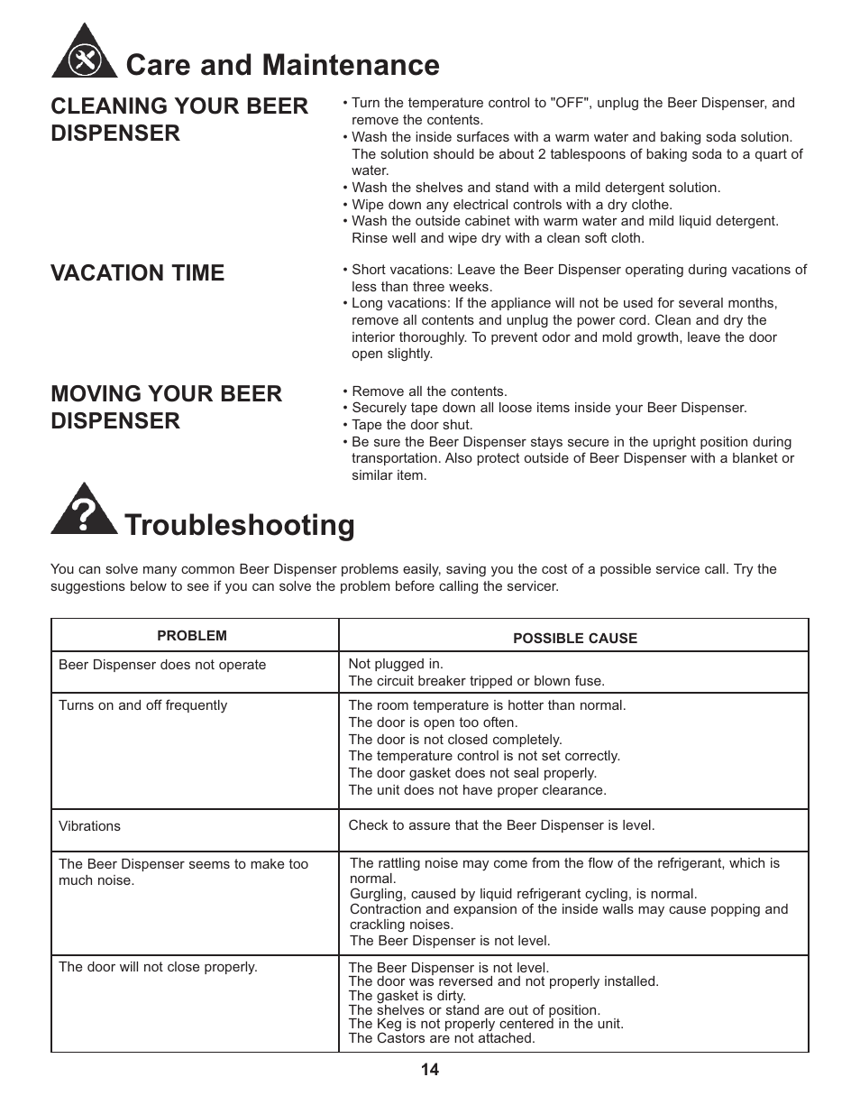 Care and maintenance troubleshooting, Cleaning your beer dispenser, Vacation time | Moving your beer dispenser | Danby DCR033B1BDB User Manual | Page 16 / 46