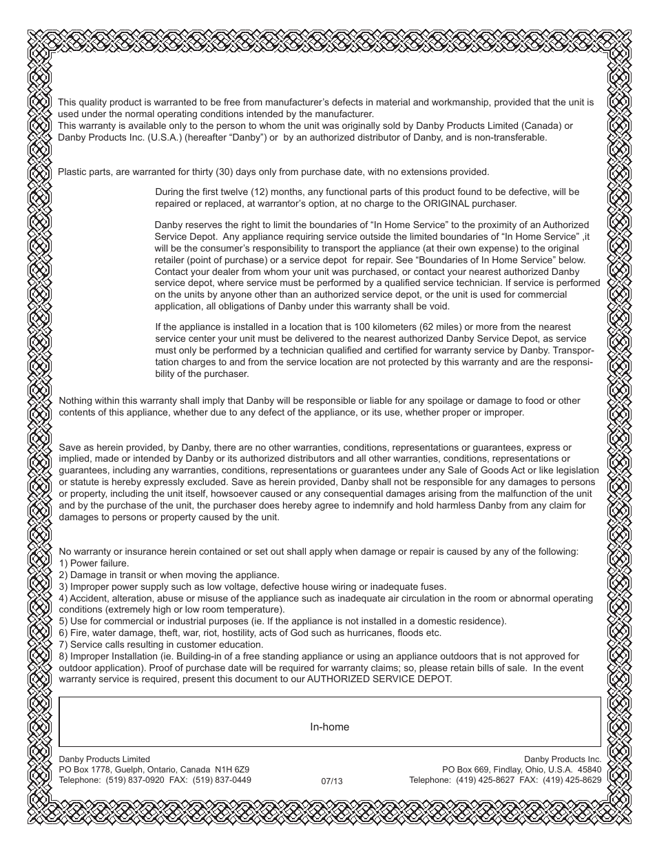 Limited in-home appliance warranty | Danby DCR033B1BDB User Manual | Page 17 / 46