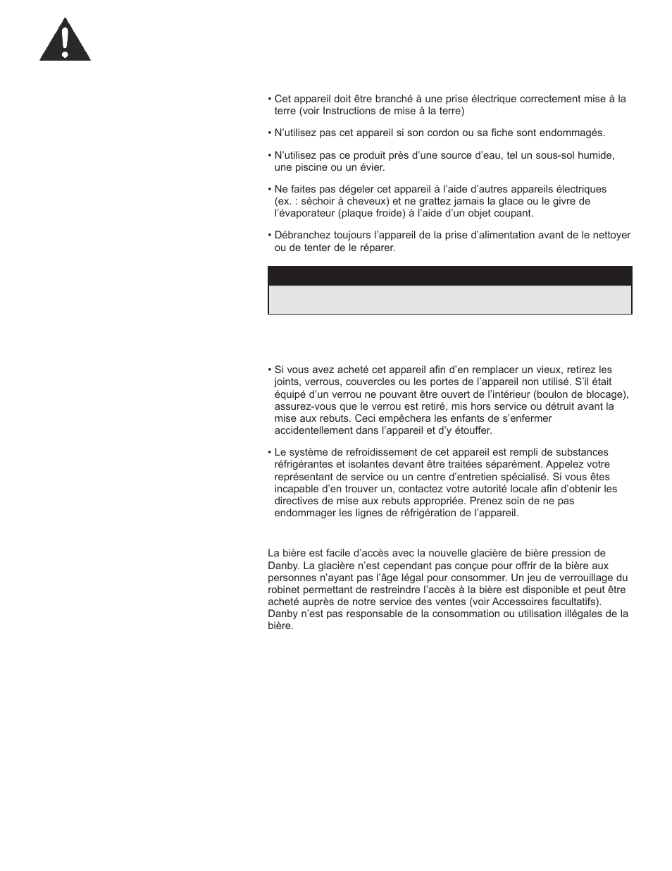 Consignes de sécurité importantes, Consignes de sécurité, Avertissement | N’attendez pas : faites-le immédiatement, Avis important | Danby DCR033B1BDB User Manual | Page 20 / 46