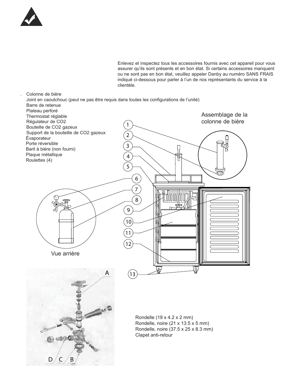 Caractéristiques, Accessoires fournis, Pièces de rechange | D c b a | Danby DCR033B1BDB User Manual | Page 21 / 46