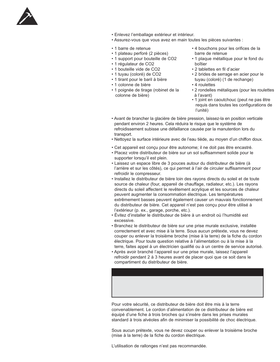 Instructions d'installation, Avant d’utiliser votre distributeur de bière, Installation du distributeur de bière | Raccordement électrique, Avertissement | Danby DCR033B1BDB User Manual | Page 22 / 46