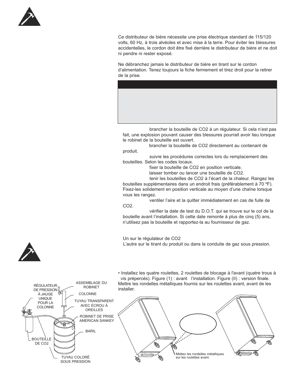 Instructions d'installation, Instructions d’installation du baril à bière, Raccordement électrique (suite) | Avertissement, Croquis d’installation du baril, Metal washers | Danby DCR033B1BDB User Manual | Page 23 / 46