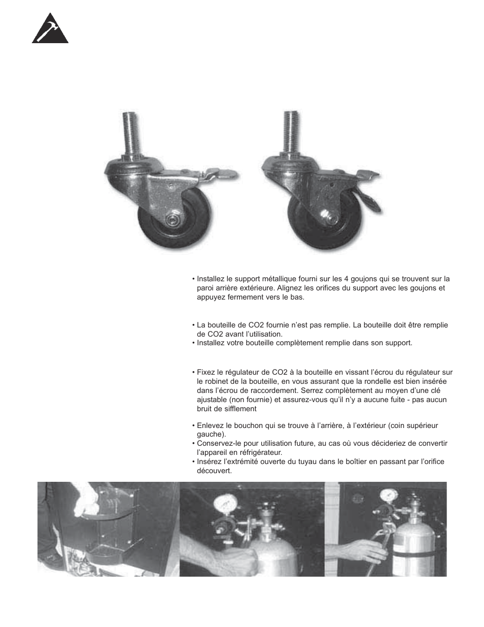 Instructions d’installation du baril à bière, Guide de freinage des roulettes, Installation du support de la bouteille de co2 | Installation de la bouteille de co2, Installation du régulateur de co2 | Danby DCR033B1BDB User Manual | Page 24 / 46