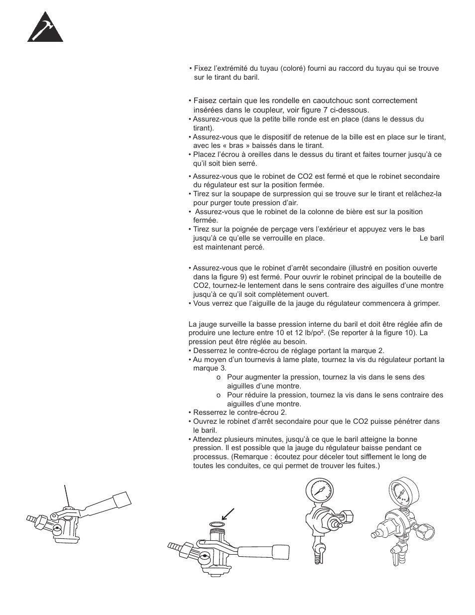 Instructions d’installation du baril à bière, Installation du tuyau de co2, Raccordement de la colonne de bière au tirant | Comment percer un baril de bière, Réglage du régulateur de co2 | Danby DCR033B1BDB User Manual | Page 26 / 46