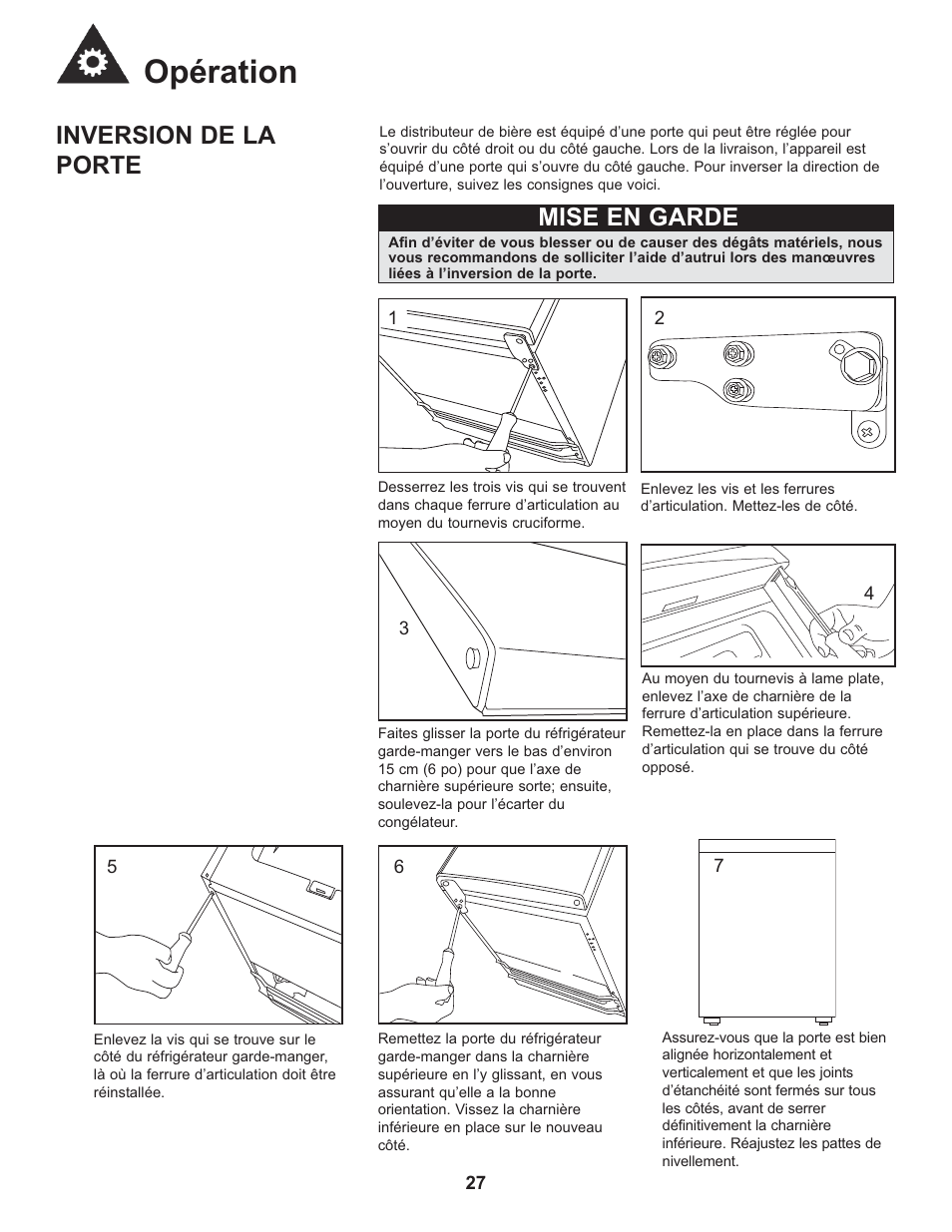 Opération, Inversion de la porte, Mise en garde | Danby DCR033B1BDB User Manual | Page 29 / 46