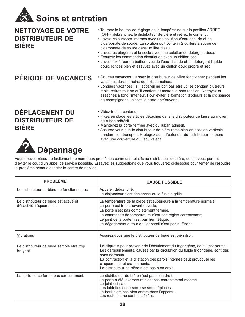 Soins et entretien dépannage, Nettoyage de votre distributeur de bière, Période de vacances | Déplacement du distributeur de bière | Danby DCR033B1BDB User Manual | Page 30 / 46