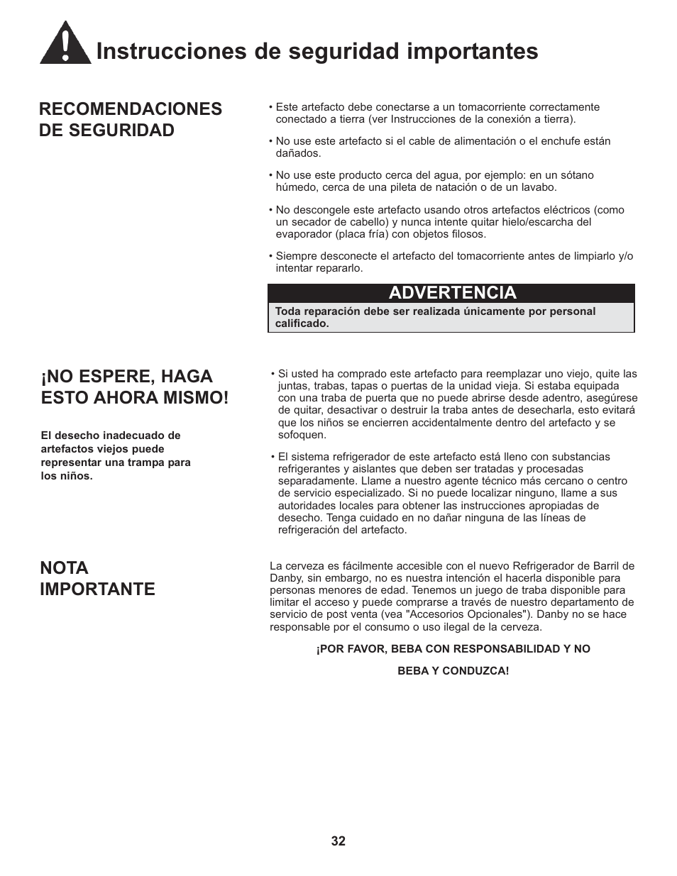 Instrucciones de seguridad importantes, Recomendaciones de seguridad, Advertencia | No espere, haga esto ahora mismo, Nota importante | Danby DCR033B1BDB User Manual | Page 34 / 46