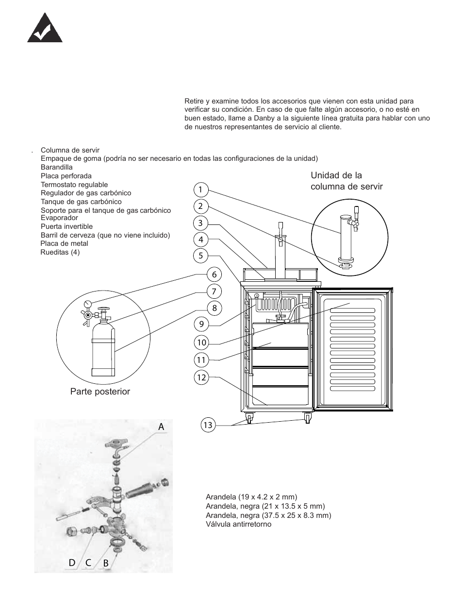 Características, Accesorios que vienen con el equipo, Piezas de repuesto | D c b a | Danby DCR033B1BDB User Manual | Page 35 / 46