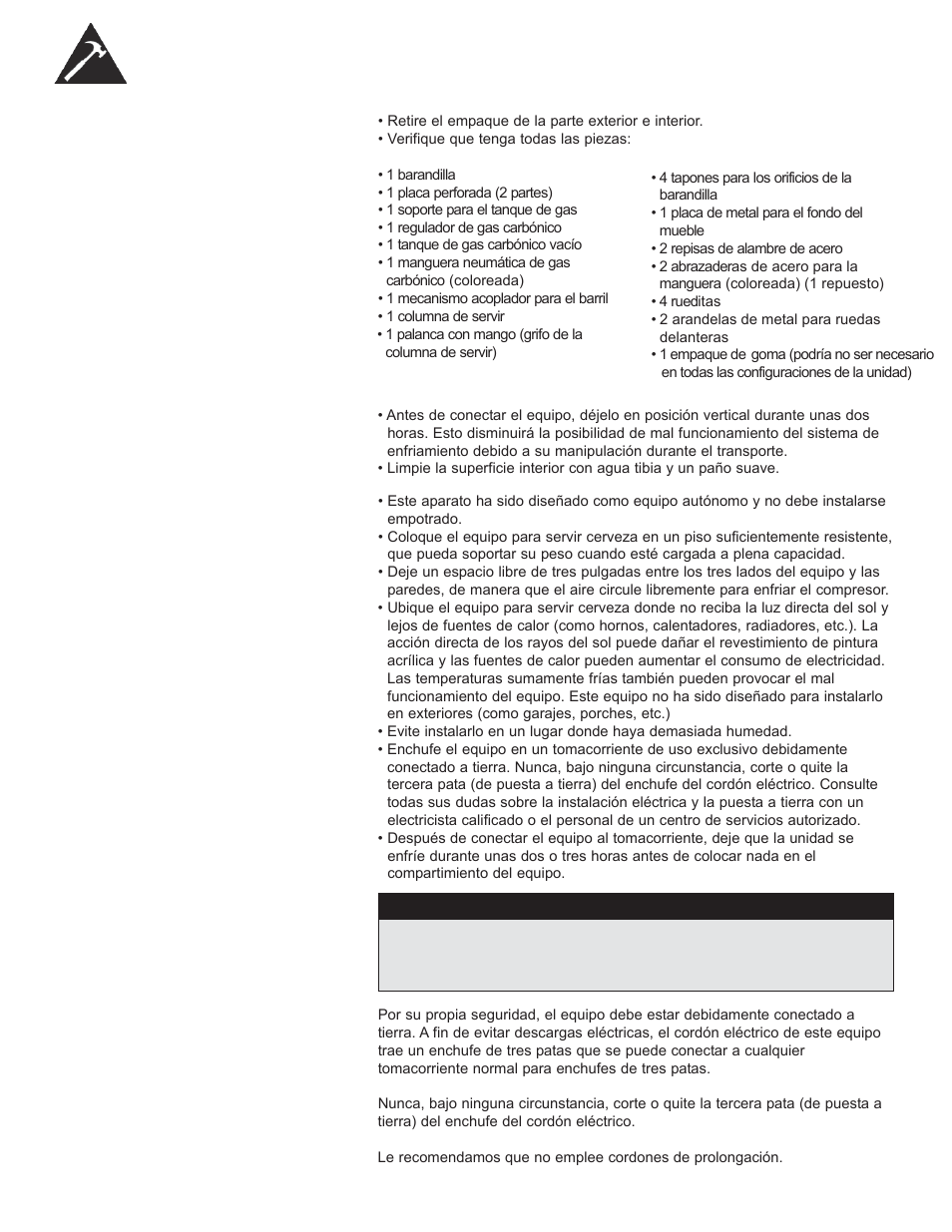 Instrucciones de instalación, Antes de usar su equipo para servir cerveza, Instalación del equipo para servir cerveza | Conexión eléctrica, Advertencia | Danby DCR033B1BDB User Manual | Page 36 / 46