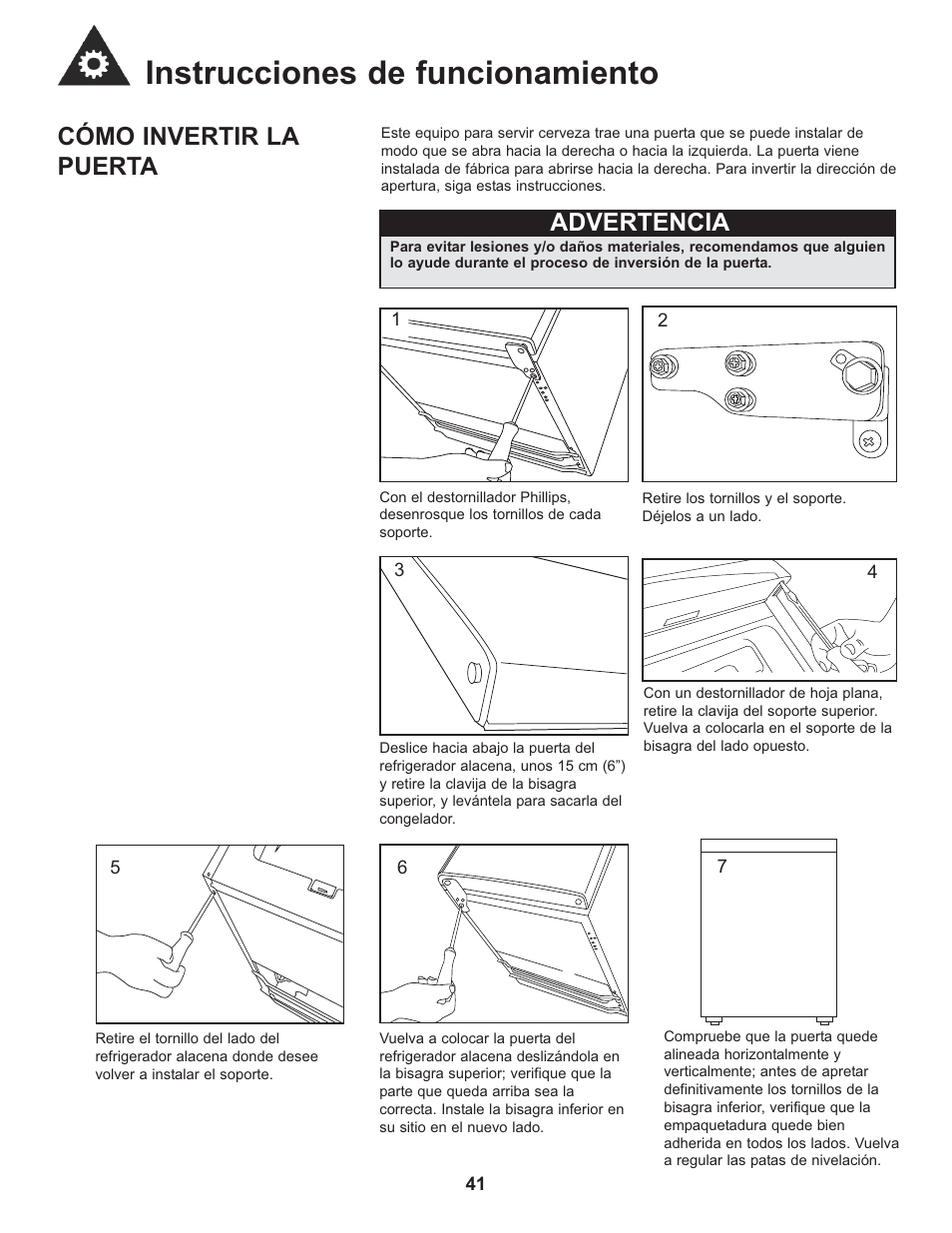 Instrucciones de funcionamiento, Cómo invertir la puerta, Advertencia | Danby DCR033B1BDB User Manual | Page 43 / 46