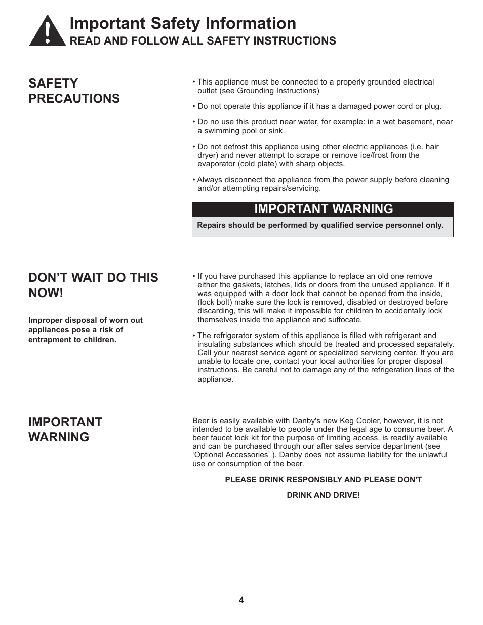 Important safety information, Safety precautions, Important warning | Don’t wait do this now, Read and follow all safety instructions | Danby DCR033B1BDB User Manual | Page 6 / 46