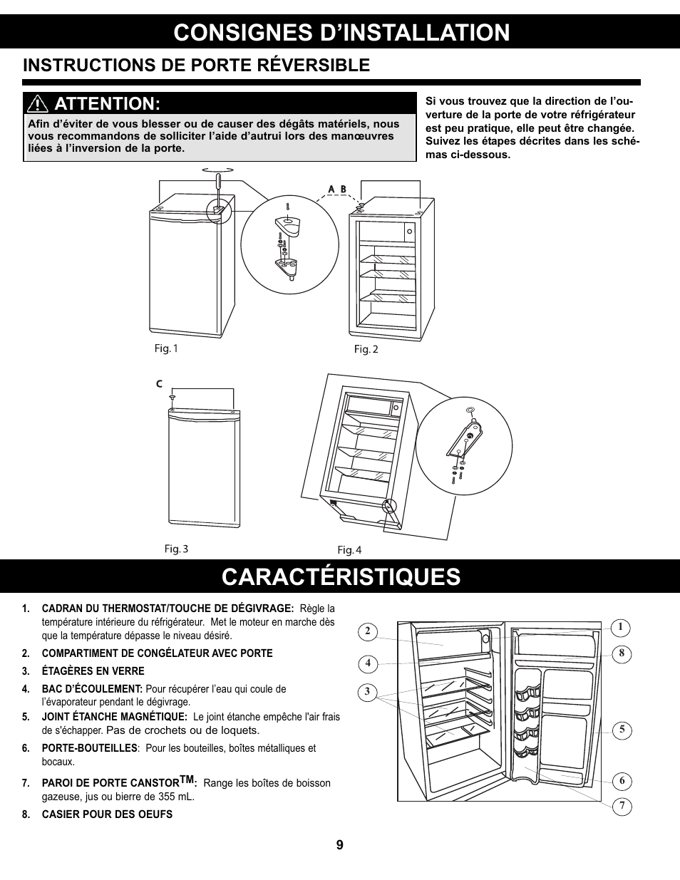 Consignes d’installation caractéristiques, Instructions de porte réversible, Attention | Danby DCR044A2WDD User Manual | Page 10 / 21