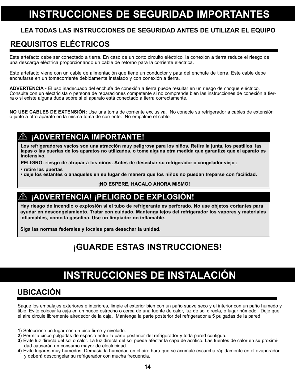 Instrucciones de seguridad importantes, Instrucciones de instalación, Guarde estas instrucciones | Requisitos eléctricos, Advertencia! ¡peligro de explosión, Advertencia importante, Ubicación | Danby DCR044A2WDD User Manual | Page 15 / 21