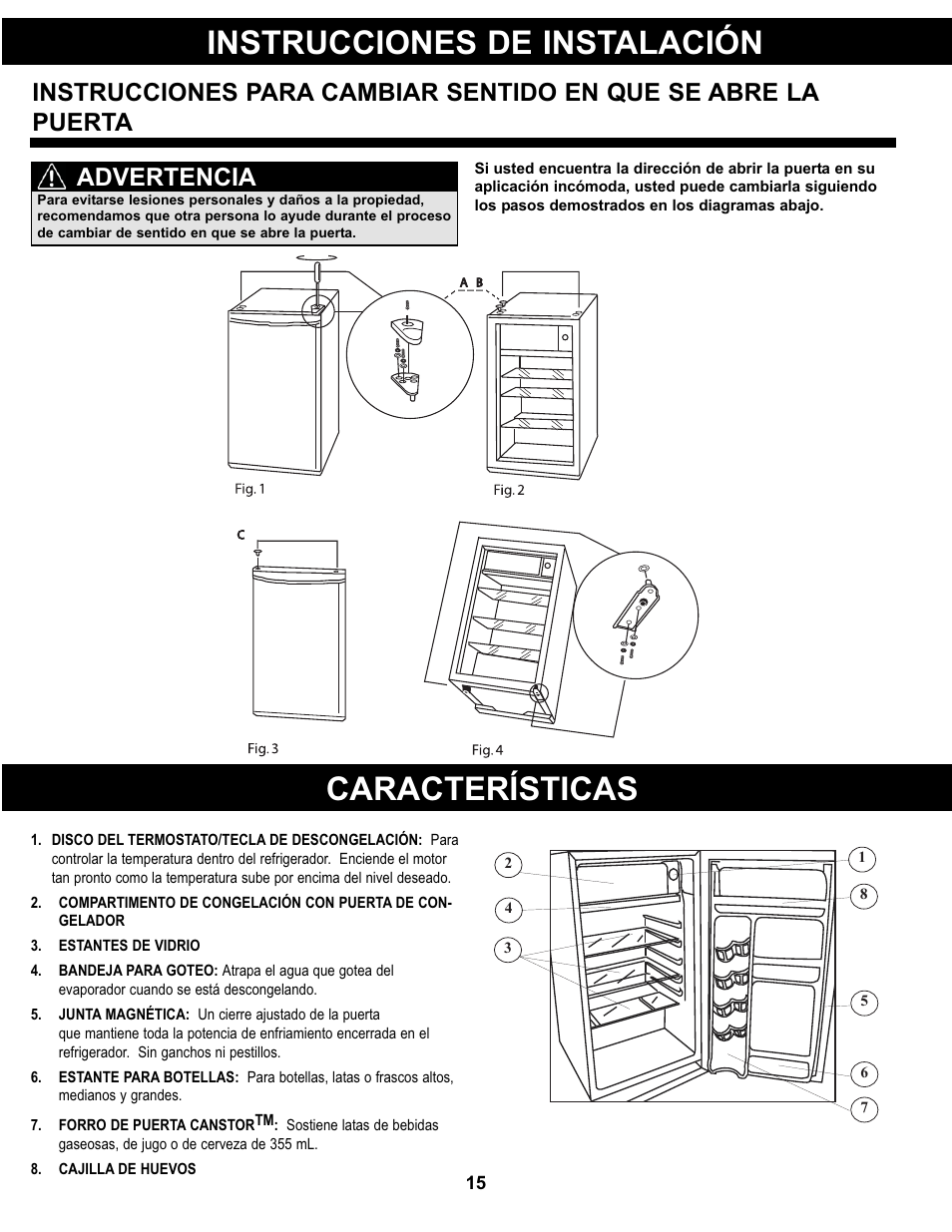 Características, Instrucciones de instalación, Advertencia | Danby DCR044A2WDD User Manual | Page 16 / 21