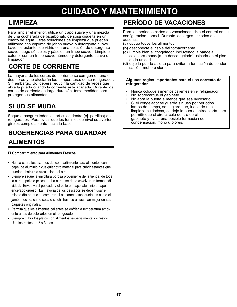 Cuidado y mantenimiento, Limpieza, Corte de corriente | Si ud se muda, Período de vacaciones, Sugerencias para guardar alimentos | Danby DCR044A2WDD User Manual | Page 18 / 21