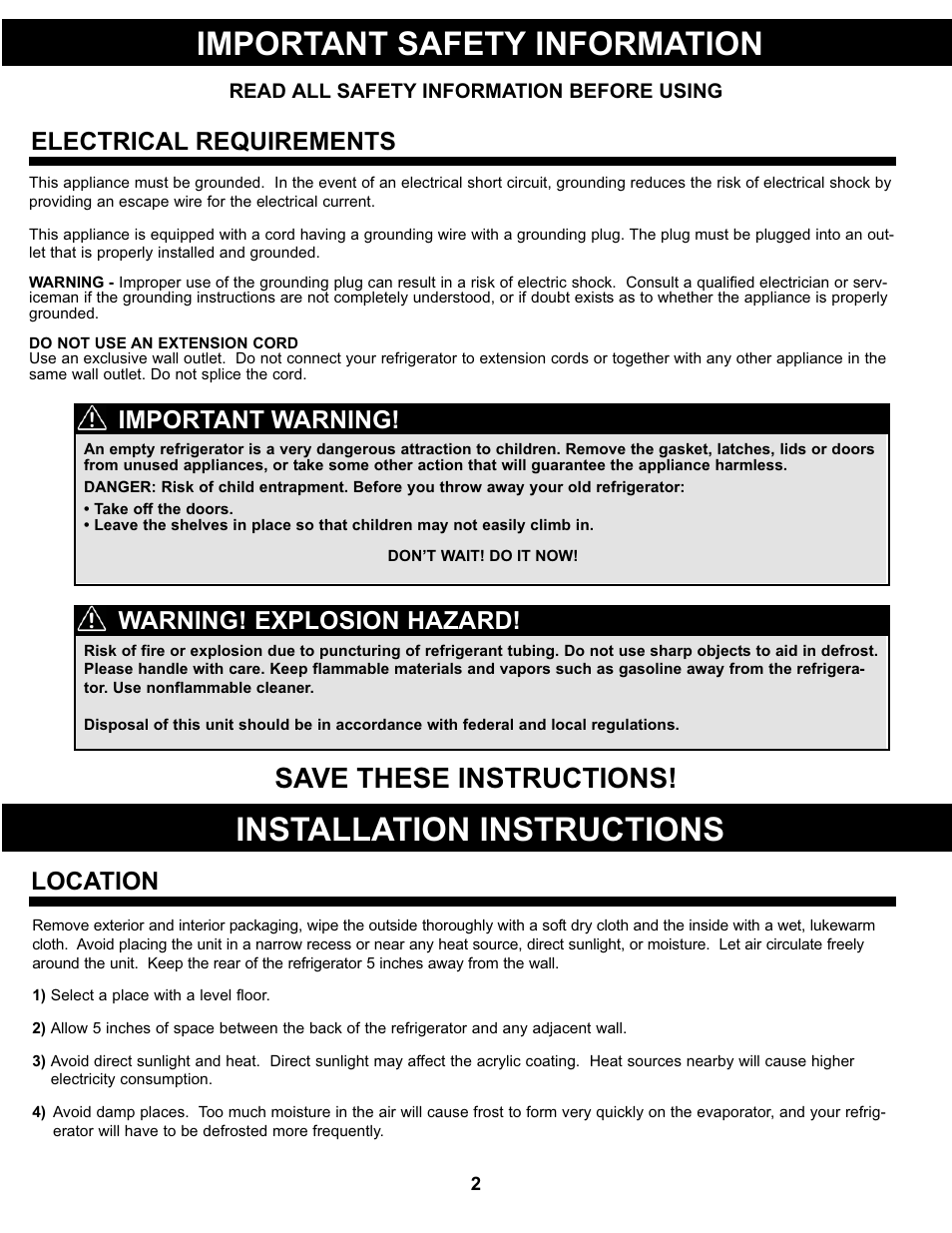 Important safety information, Installation instructions, Save these instructions | Electrical requirements, Location, Warning! explosion hazard, Important warning | Danby DCR044A2WDD User Manual | Page 3 / 21