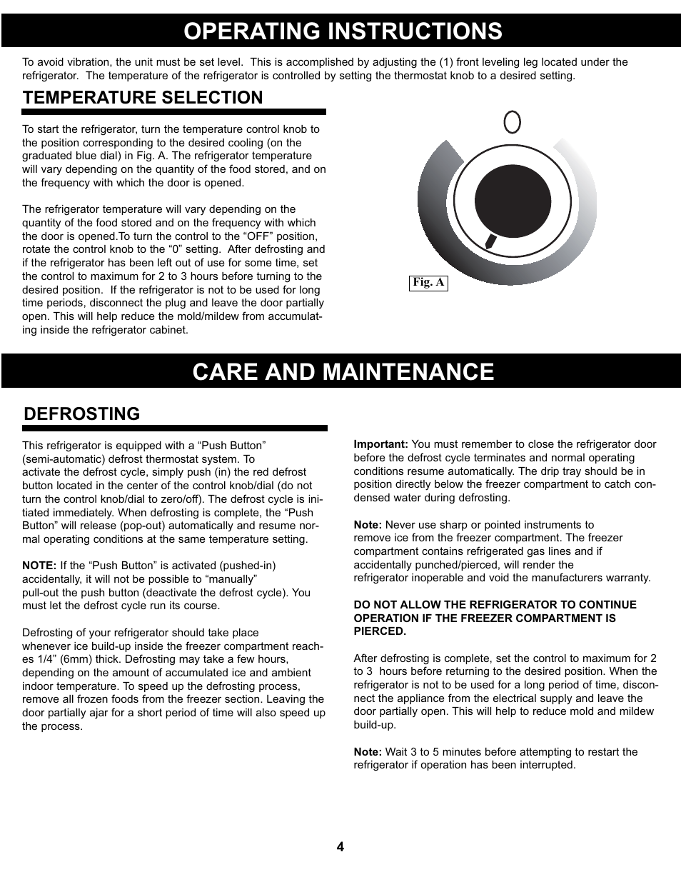 Operating instructions, Care and maintenance, Temperature selection | Defrosting | Danby DCR044A2WDD User Manual | Page 5 / 21