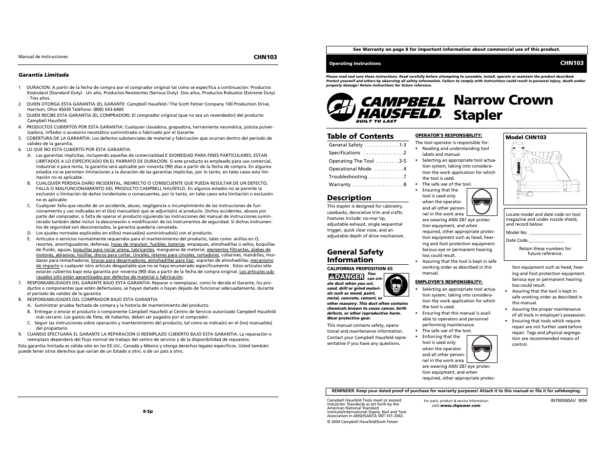 Campbell Hausfeld NARROW CROWN STAPLER CHN103 User Manual | 12 pages