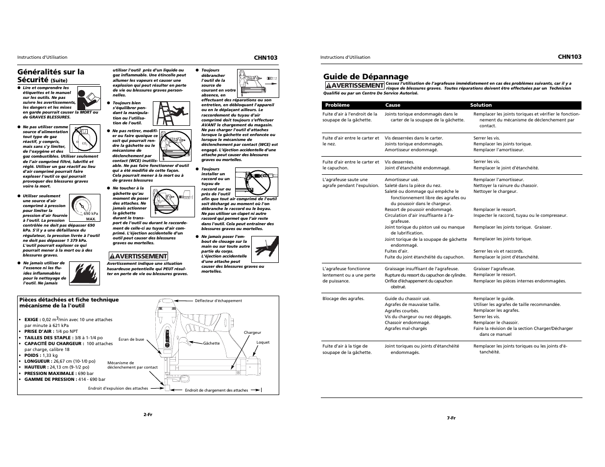 Guide de dépannage, Généralités sur la sécurité | Campbell Hausfeld NARROW CROWN STAPLER CHN103 User Manual | Page 10 / 12