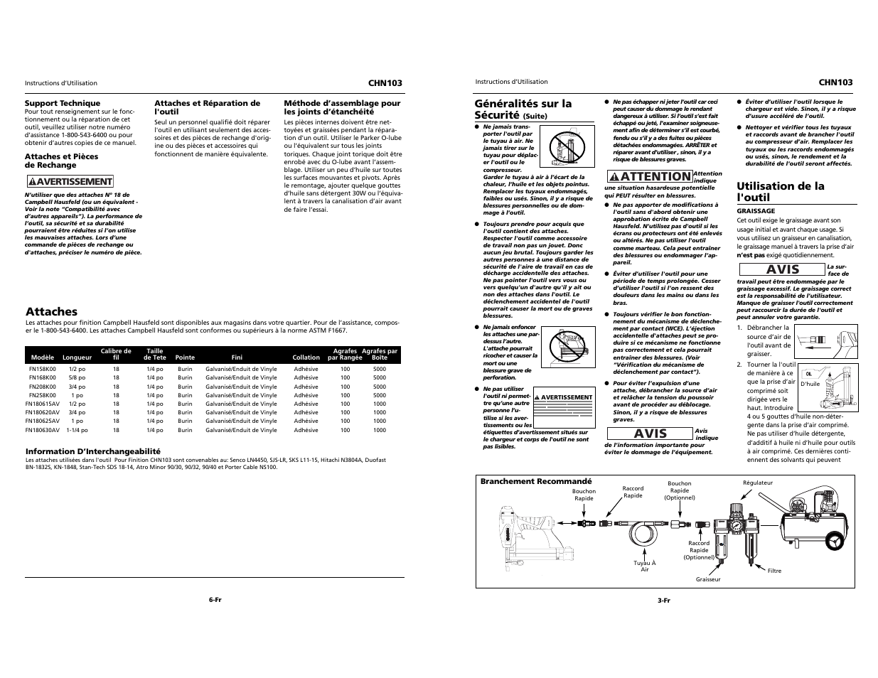 Avis, Attention, Attaches | Généralités sur la sécurité, Utilisation de la l'outil, Avertissement | Campbell Hausfeld NARROW CROWN STAPLER CHN103 User Manual | Page 11 / 12