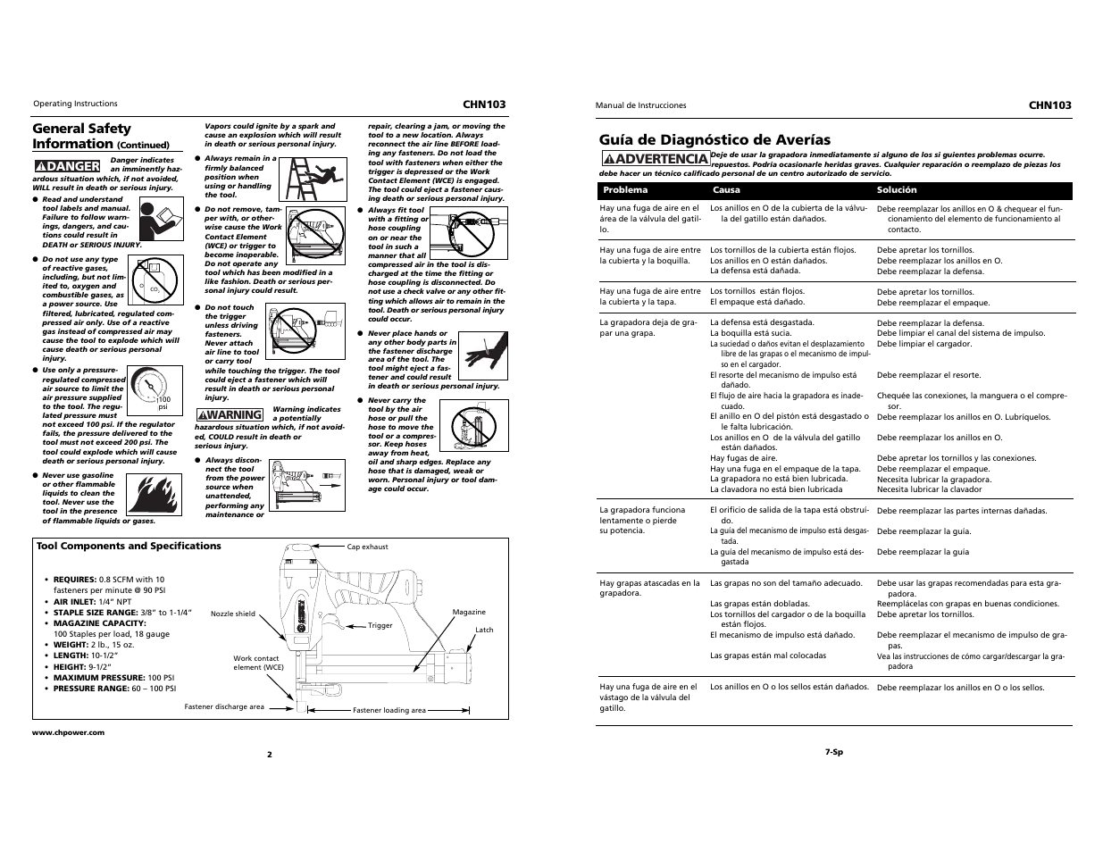 Guía de diagnóstico de averías, Advertencia, General safety information | Campbell Hausfeld NARROW CROWN STAPLER CHN103 User Manual | Page 2 / 12