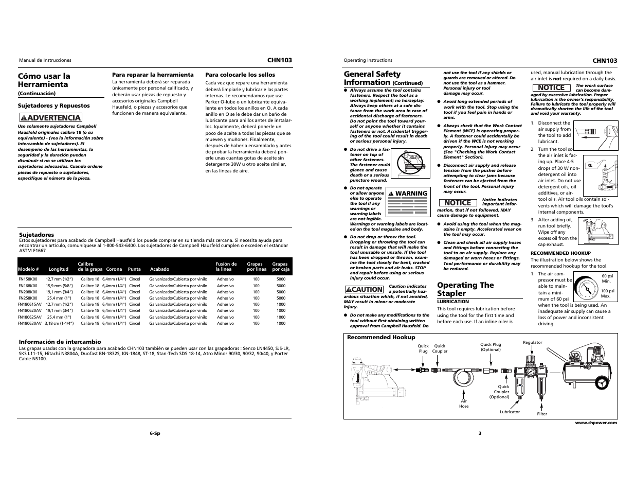 Cómo usar la herramienta, Advertencia, General safety information | Notice, Operating the stapler | Campbell Hausfeld NARROW CROWN STAPLER CHN103 User Manual | Page 3 / 12