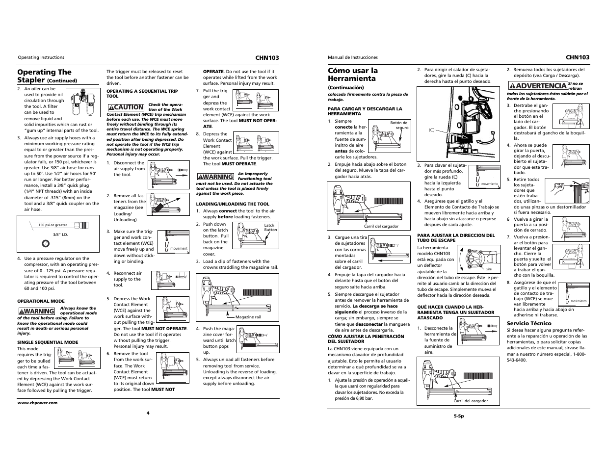 Built to last, Cómo usar la herramienta, Advertencia | Operating the stapler | Campbell Hausfeld NARROW CROWN STAPLER CHN103 User Manual | Page 4 / 12