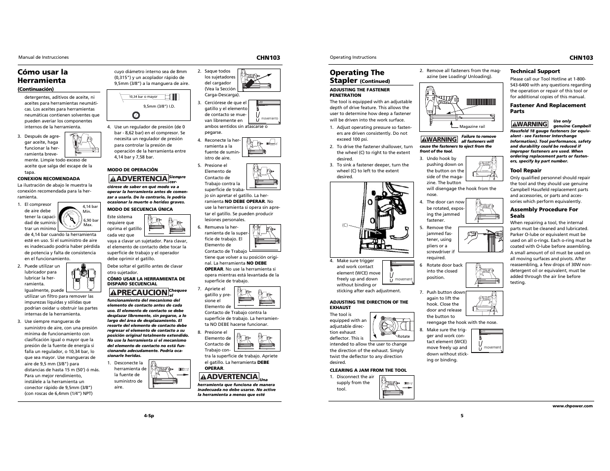 Built to last, Precaucion, Cómo usar la herramienta | Advertencia, Operating the stapler | Campbell Hausfeld NARROW CROWN STAPLER CHN103 User Manual | Page 5 / 12