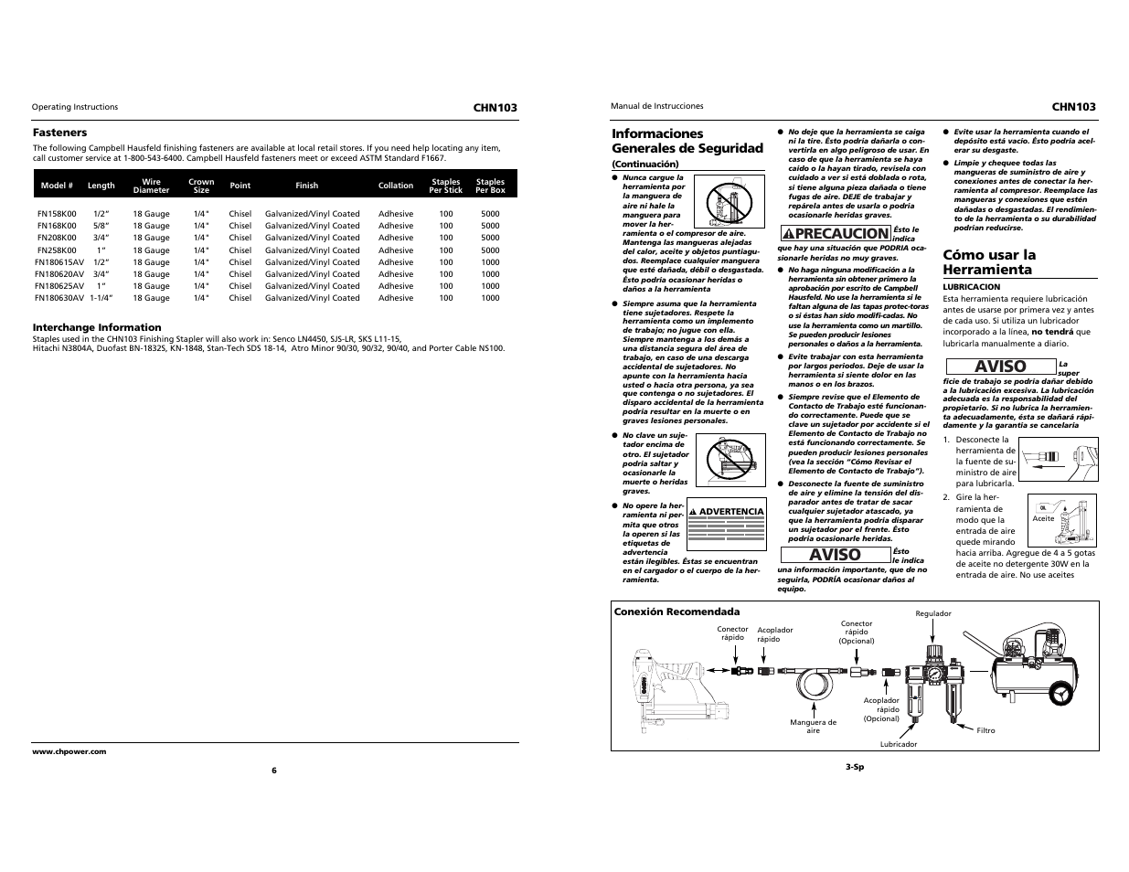 Aviso, Precaucion, Cómo usar la herramienta | Campbell Hausfeld NARROW CROWN STAPLER CHN103 User Manual | Page 6 / 12