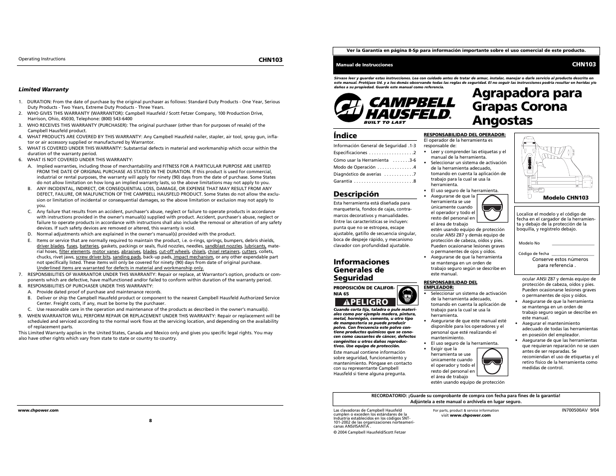 Agrapadora para grapas corona angostas, Peligro | Campbell Hausfeld NARROW CROWN STAPLER CHN103 User Manual | Page 8 / 12