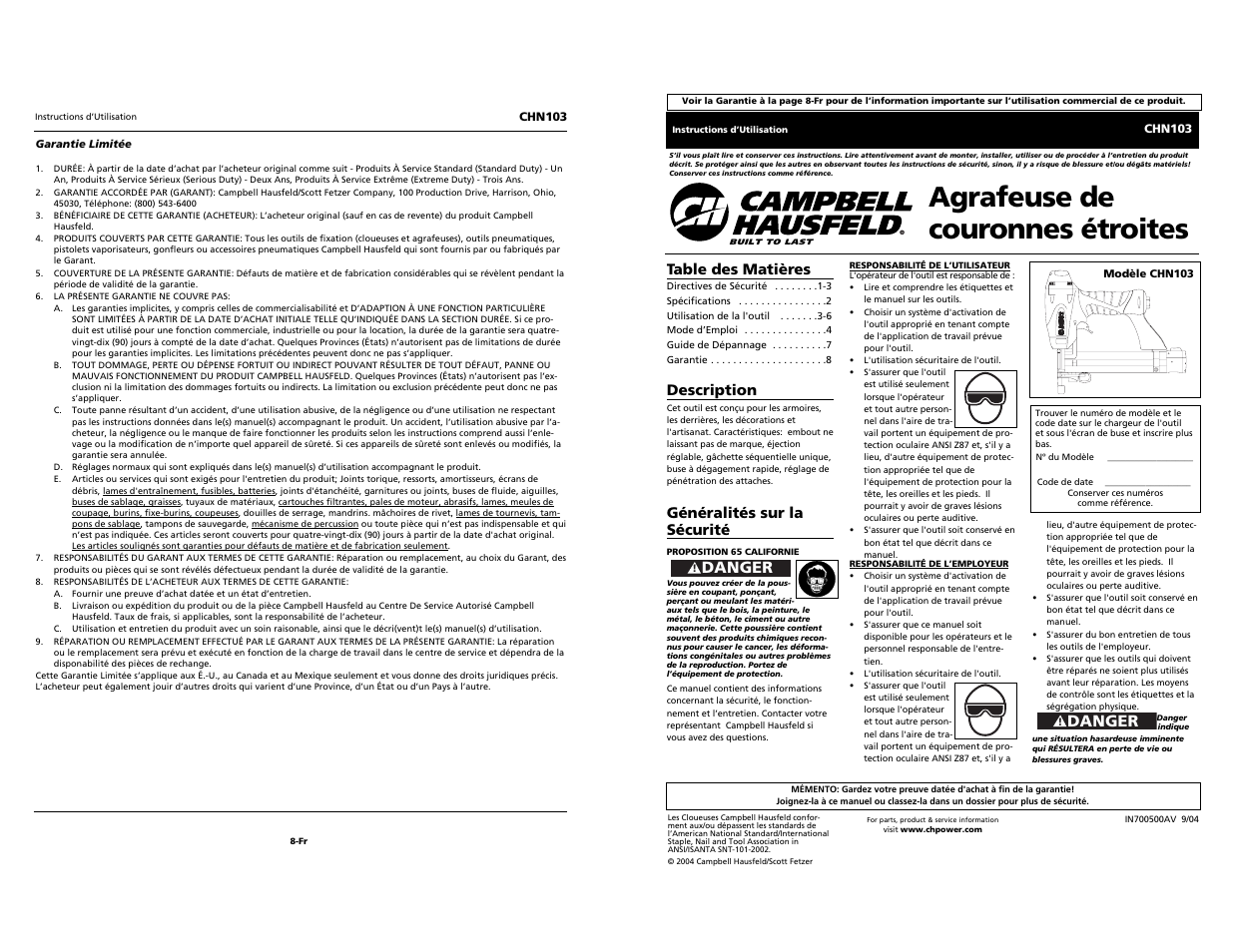 Agrafeuse de couronnes étroites, Danger | Campbell Hausfeld NARROW CROWN STAPLER CHN103 User Manual | Page 9 / 12